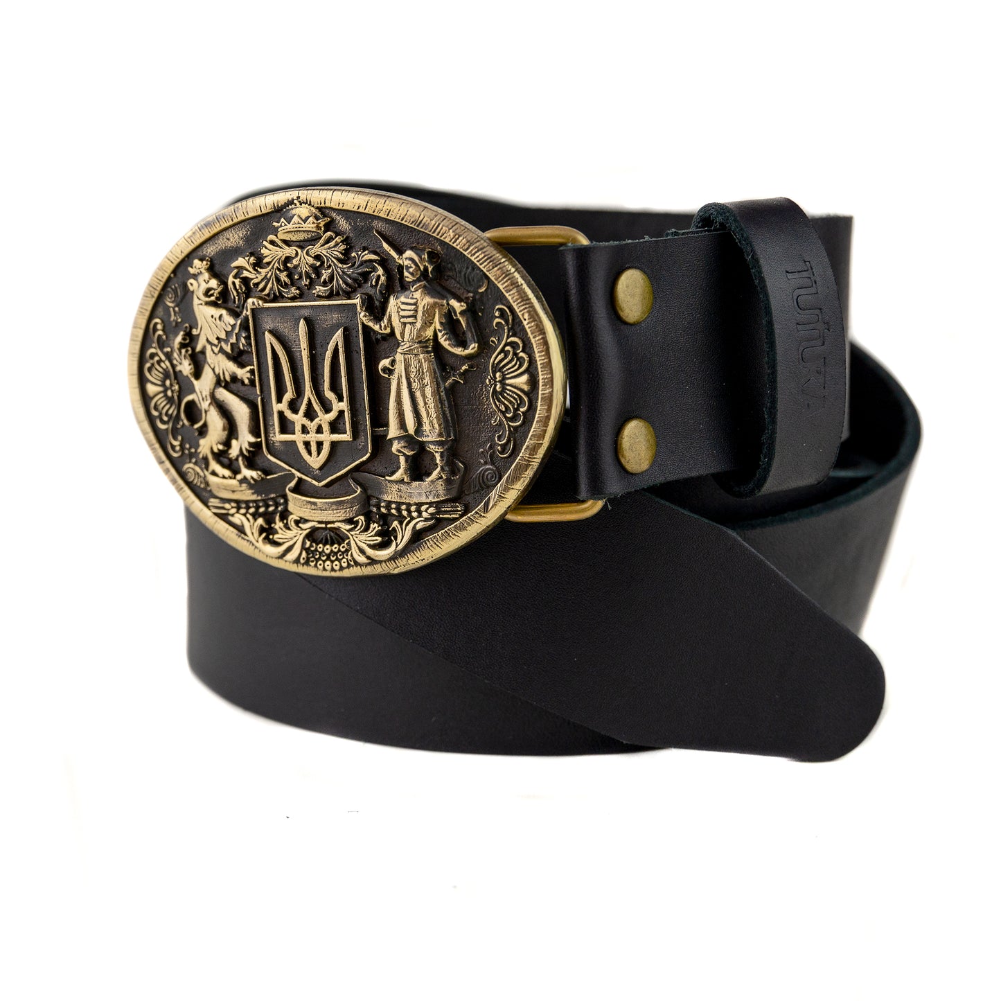 Leather belt with brass buckle "Ukrainian Trident"