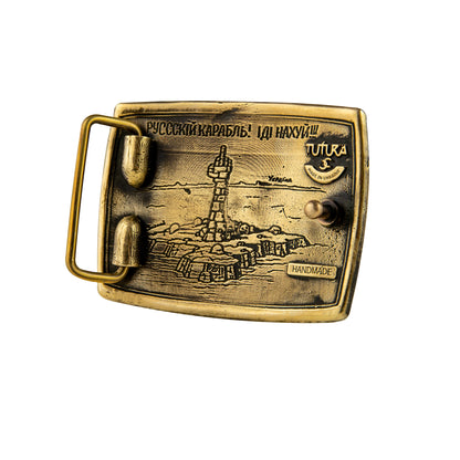 Leather belt with brass buckle "Russian warship go .."