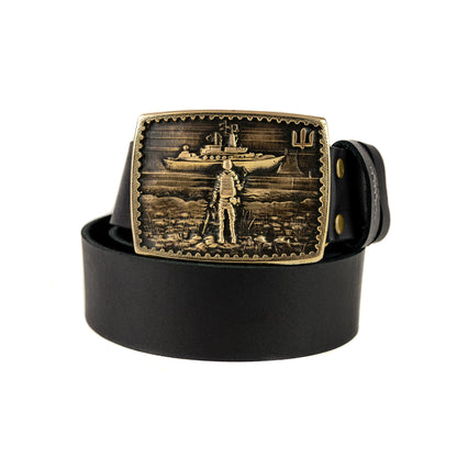 Leather belt with brass buckle "Russian warship go .."