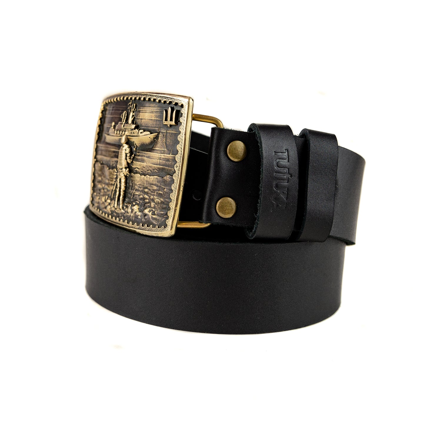 Leather belt with brass buckle "Russian warship go .."