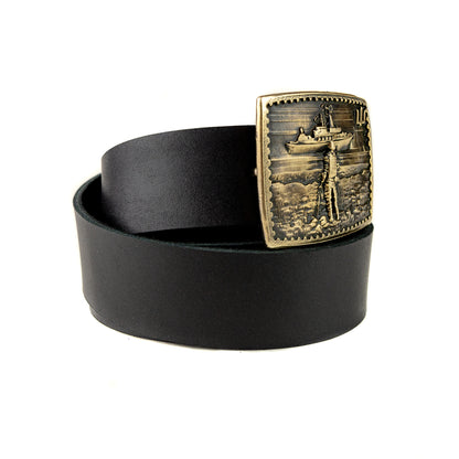 Leather belt with brass buckle "Russian warship go .."