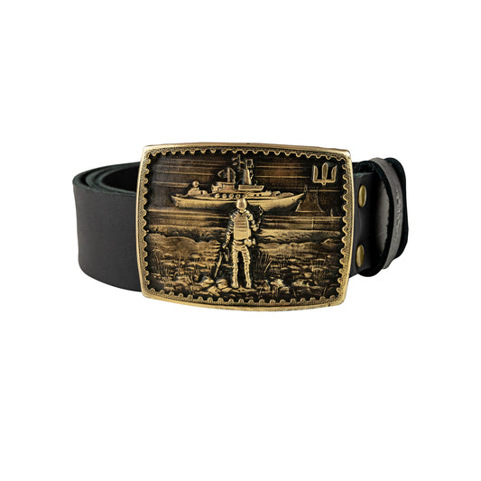 Leather belt with brass buckle "Russian warship go .."