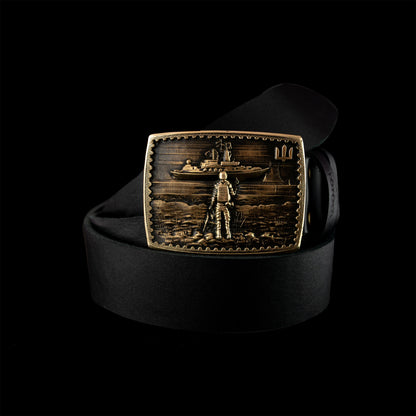 Leather belt with brass buckle "Russian warship go .."