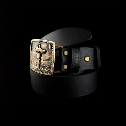 Leather belt with brass buckle "Russian warship go .."