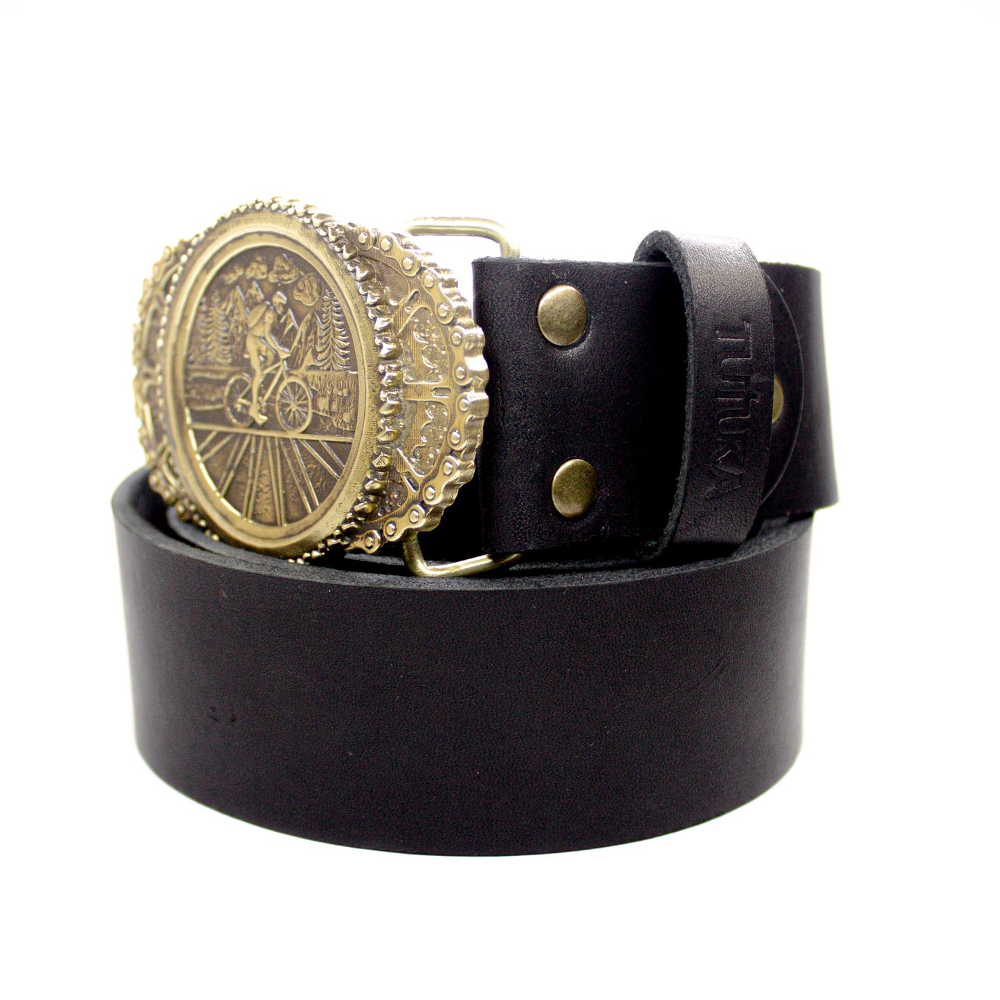 Leather belt with brass Buckle "Bicycle Trip"