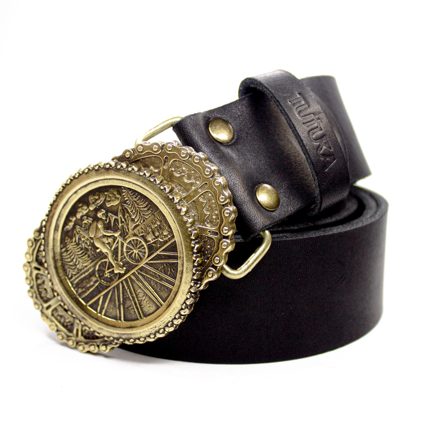 Leather belt with brass Buckle "Bicycle Trip"