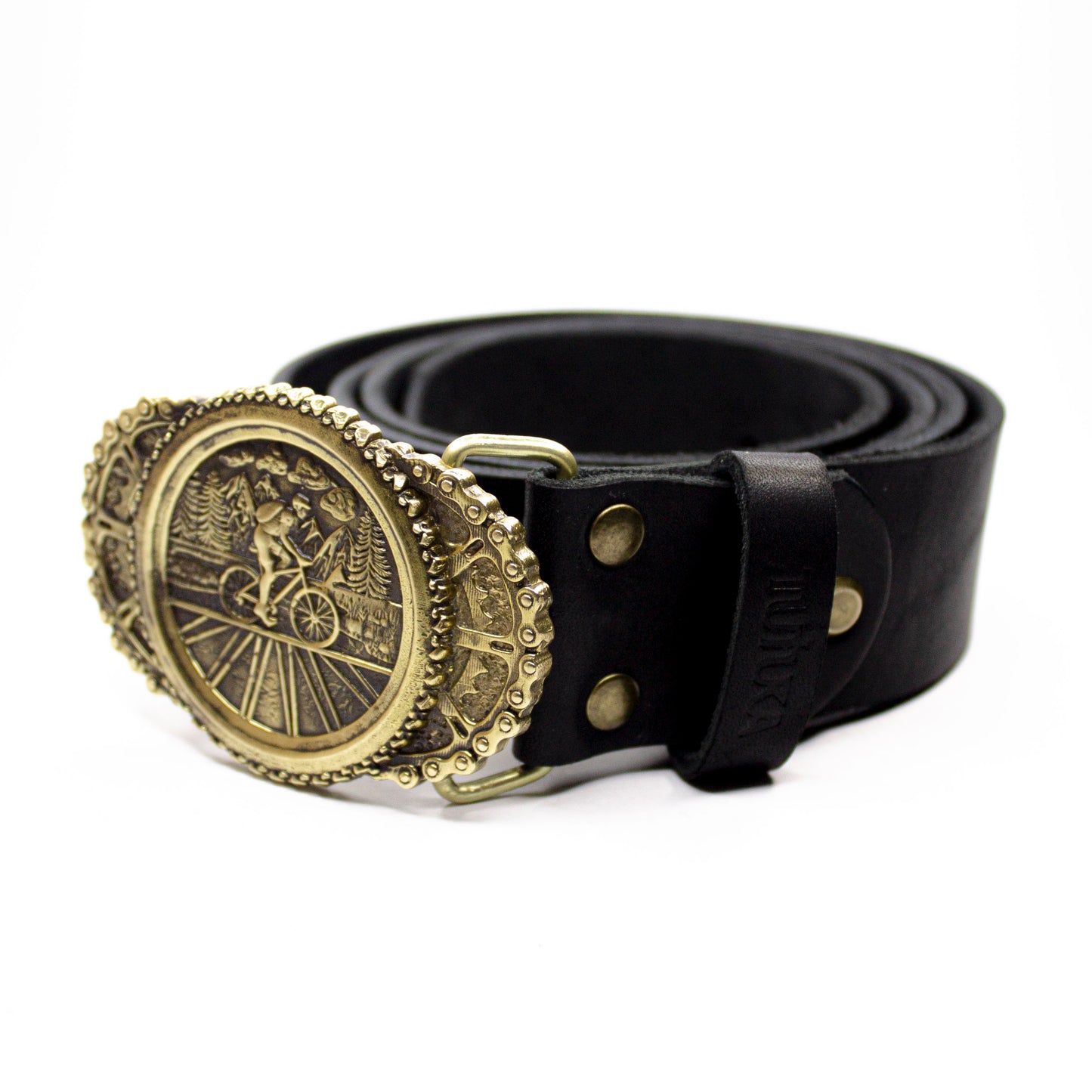 Leather belt with brass Buckle "Bicycle Trip"