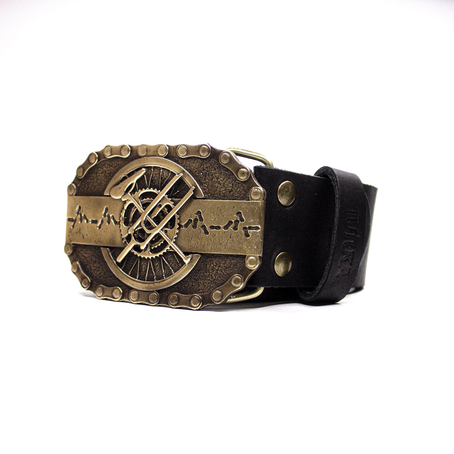 Leather belt with brass buckle "Сyclist's Heart"