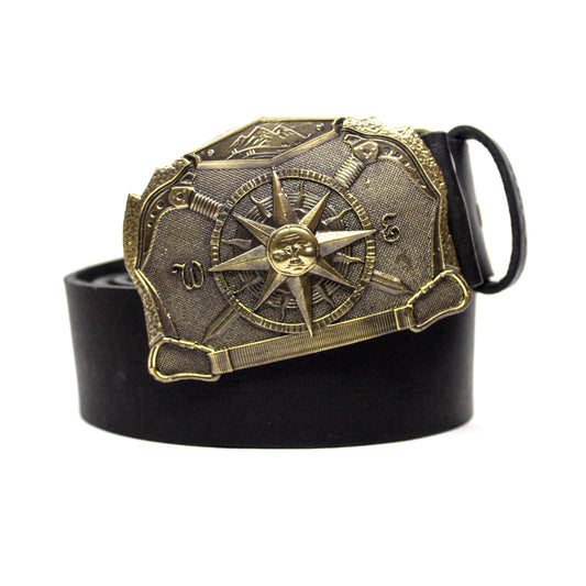 Leather belt with brass buckle "Solar Compass"